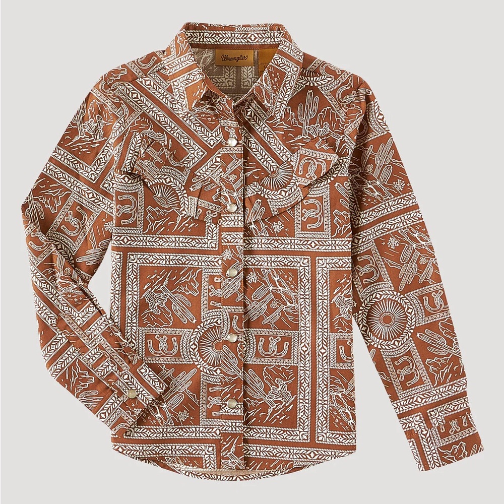 Wrangler Kids' Tan and White Patterned Button Down Shirt